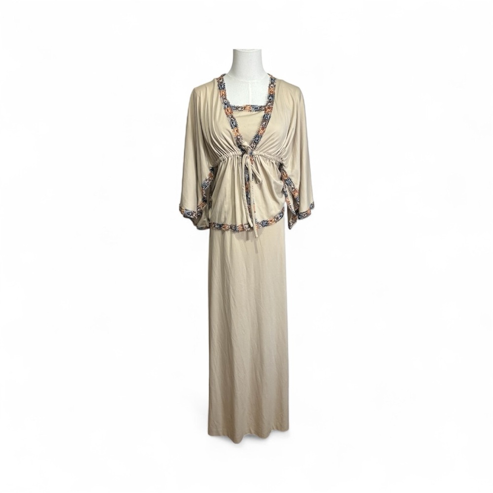 Union Made Vtg Beige Maxi Slip Dress Lace Detail Kaftan Style Cardigan Wrap 70s